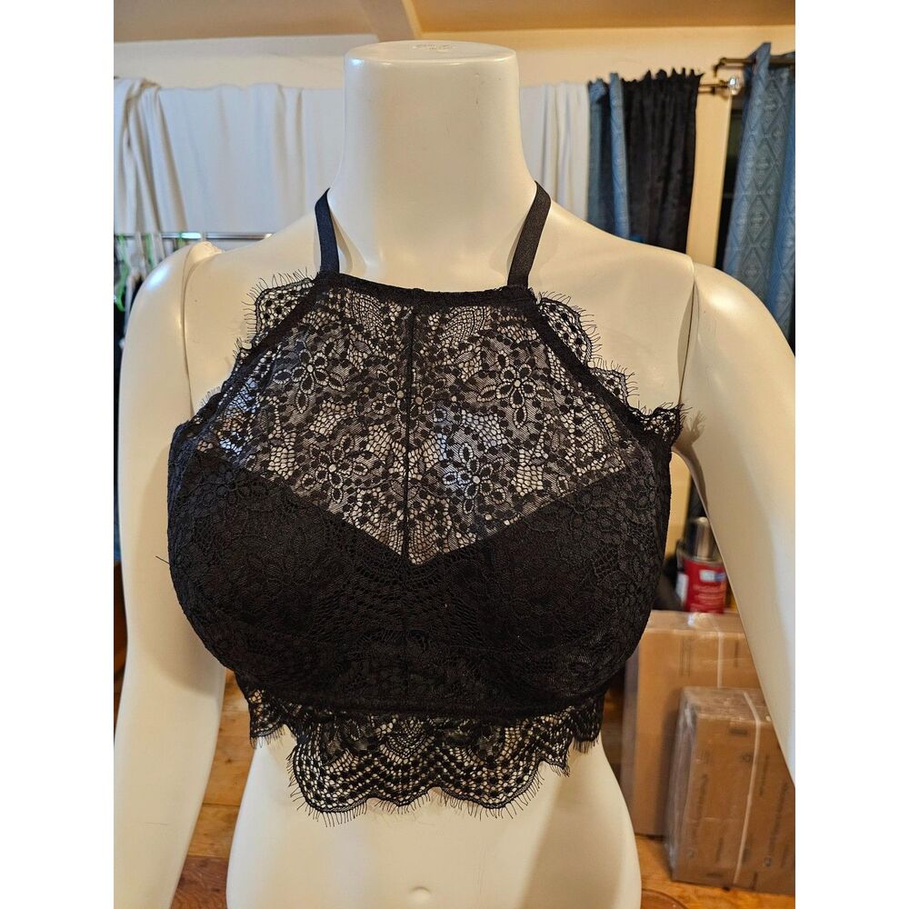 PINK Victoria’s Secret Lace Halter Bralette Size Large DD Black High Neck
